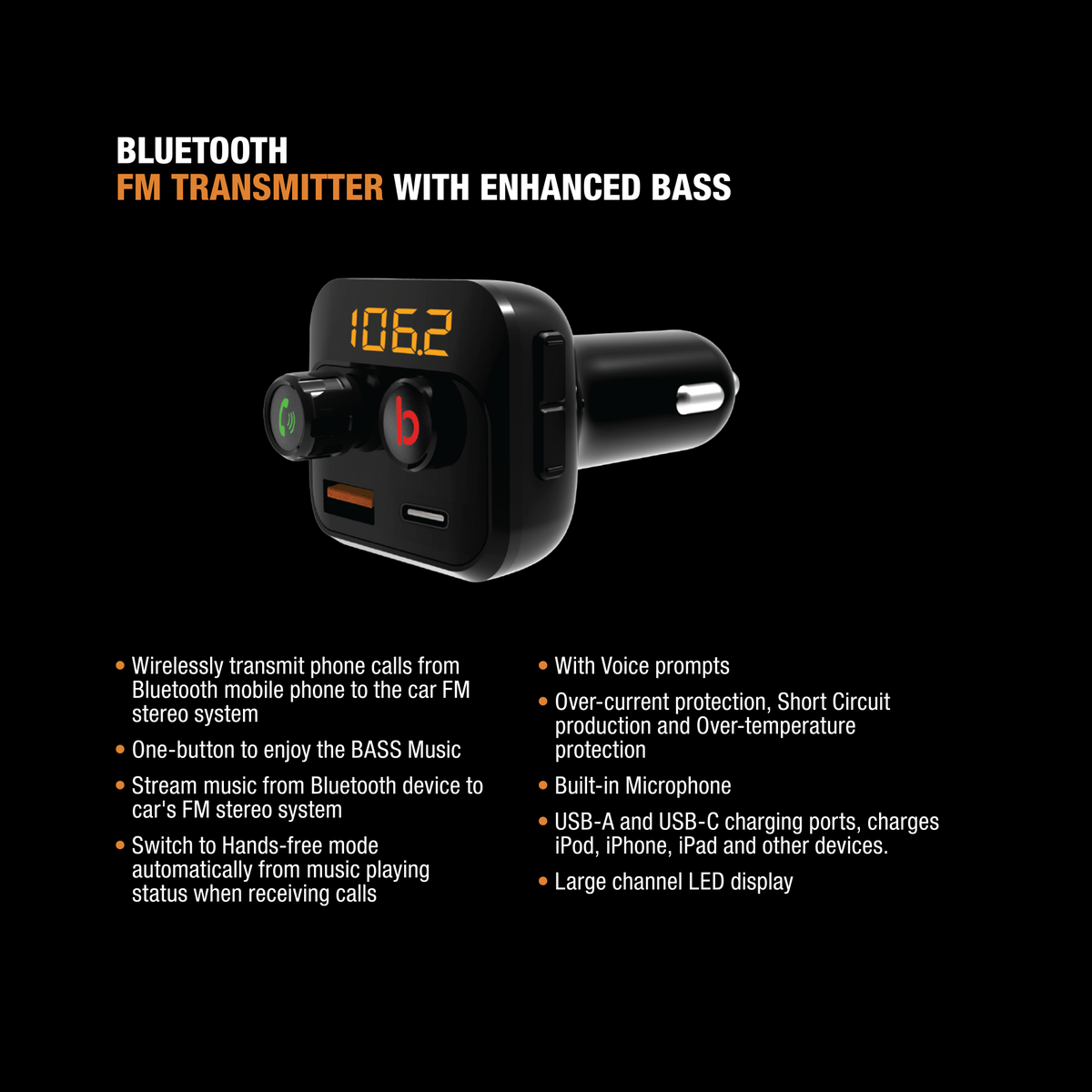 ToughTested Bluetooth FM Transmitter with Bass Boost and Dual USB Charging