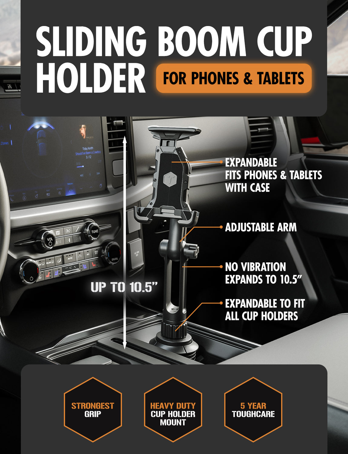 ToughTested Talon Slyder BoomCup Mount – Adjustable Cup Holder Phone & Tablet Mount