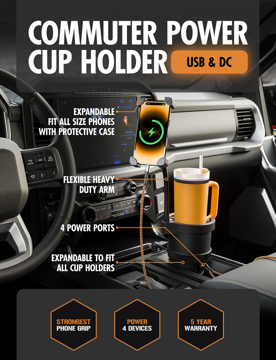 ToughTested Tough & Thirsty PowerCup XL - Cupholder and Phone Mount, XL Stanley Cup Holder (Black)