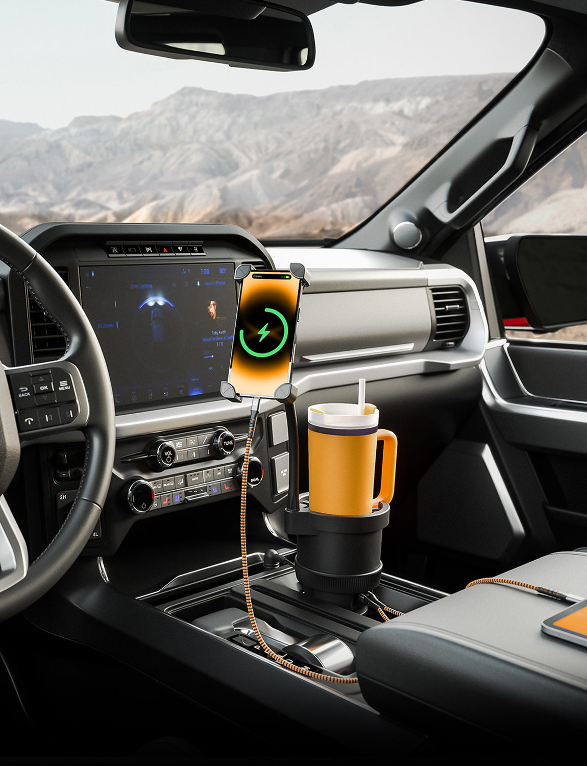 ToughTested Tough & Thirsty PowerCup XL - Cupholder and Phone Mount, XL Stanley Cup Holder (Black)