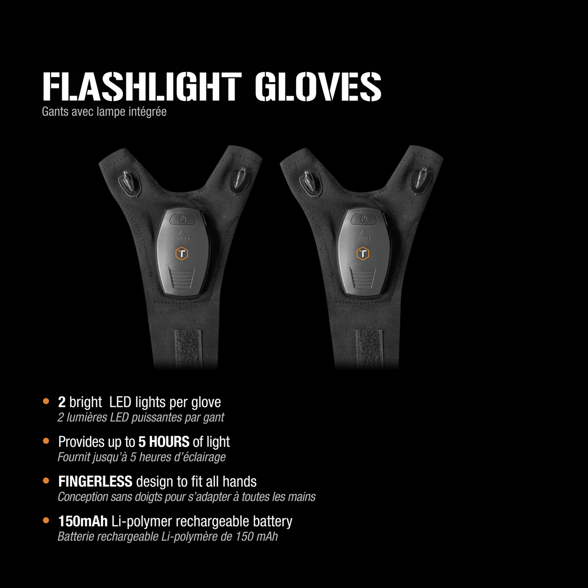 ToughTested Flashlight Gloves, LED Rechargeable