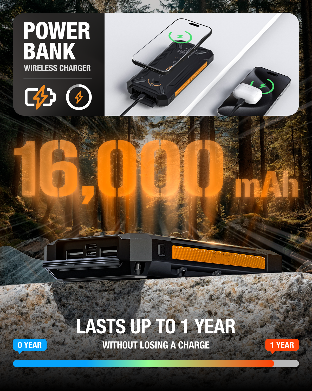 ToughTested SOLAR ROC16 16,000 mAh Powerbank with Wireless Charging & PD Fast Charging