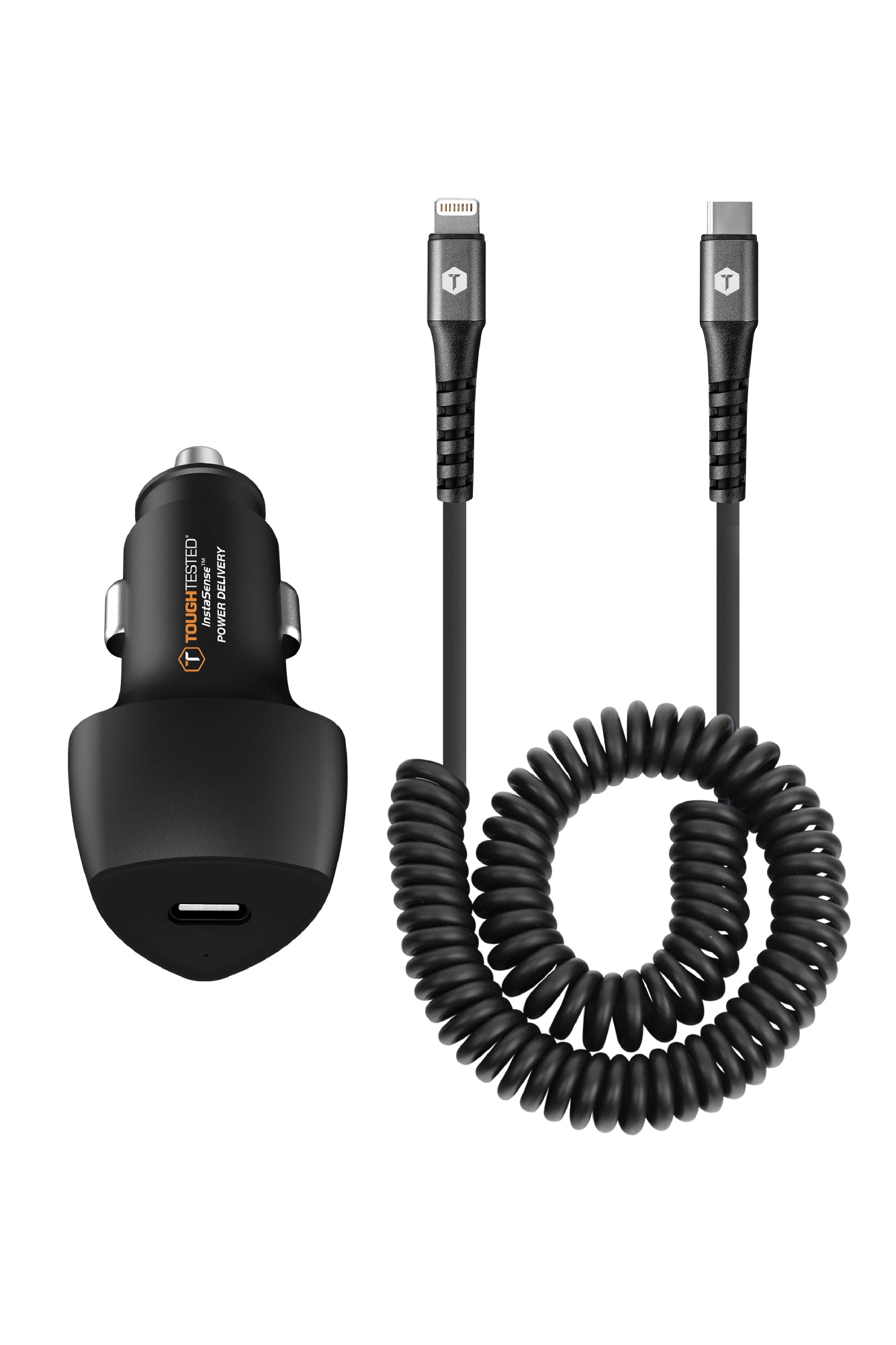 ToughTested PD High Speed Car Charger Kit For Apple with 20W USB-C Port and 6ft Coiled USB-C to Lightning Cable
