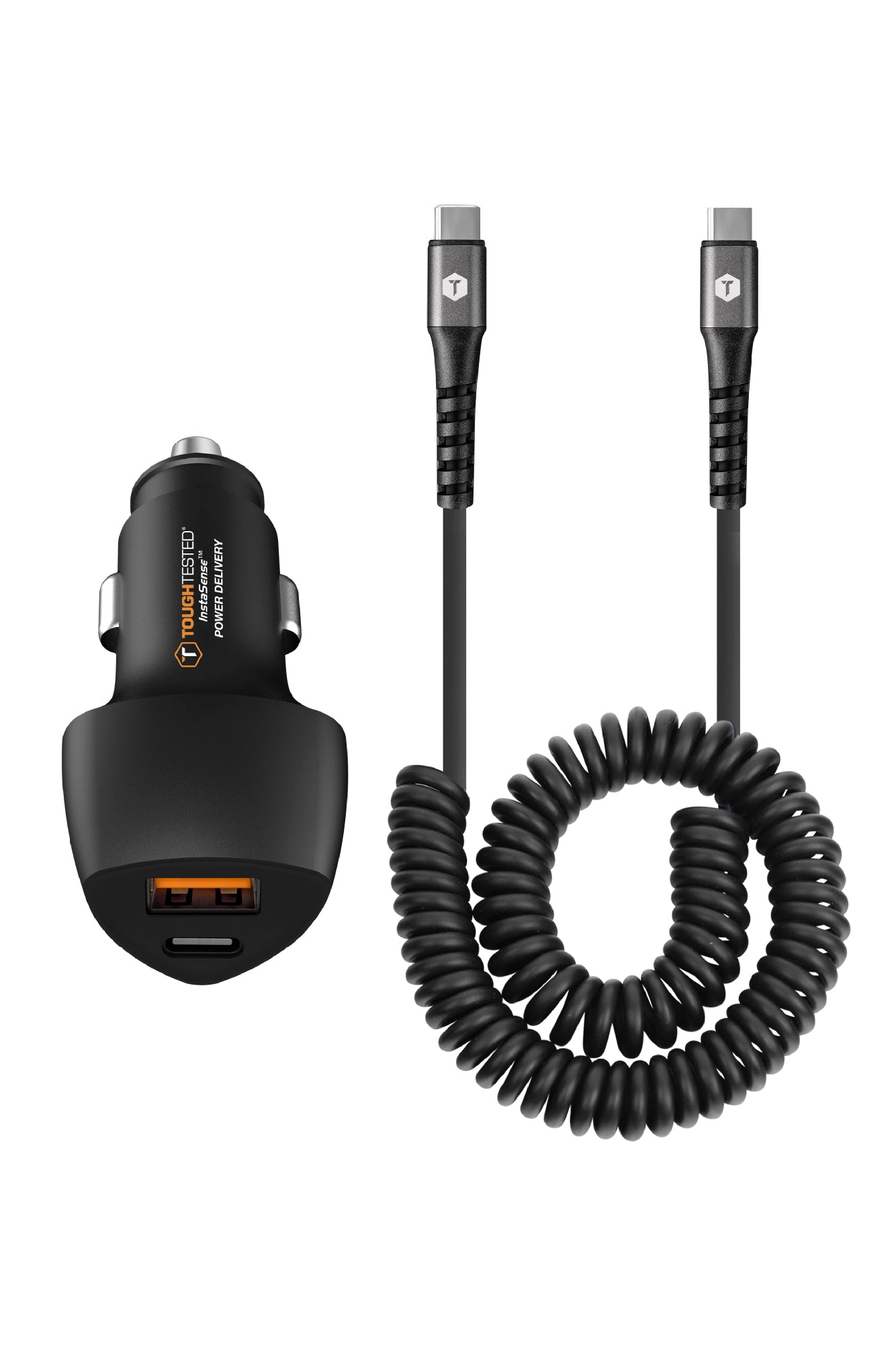 ToughTested PD High Speed Car Charger Kit with 20W USB-C + USB-A QC 3.0 Ports and 6ft Coiled USB-C to USB-C Cable