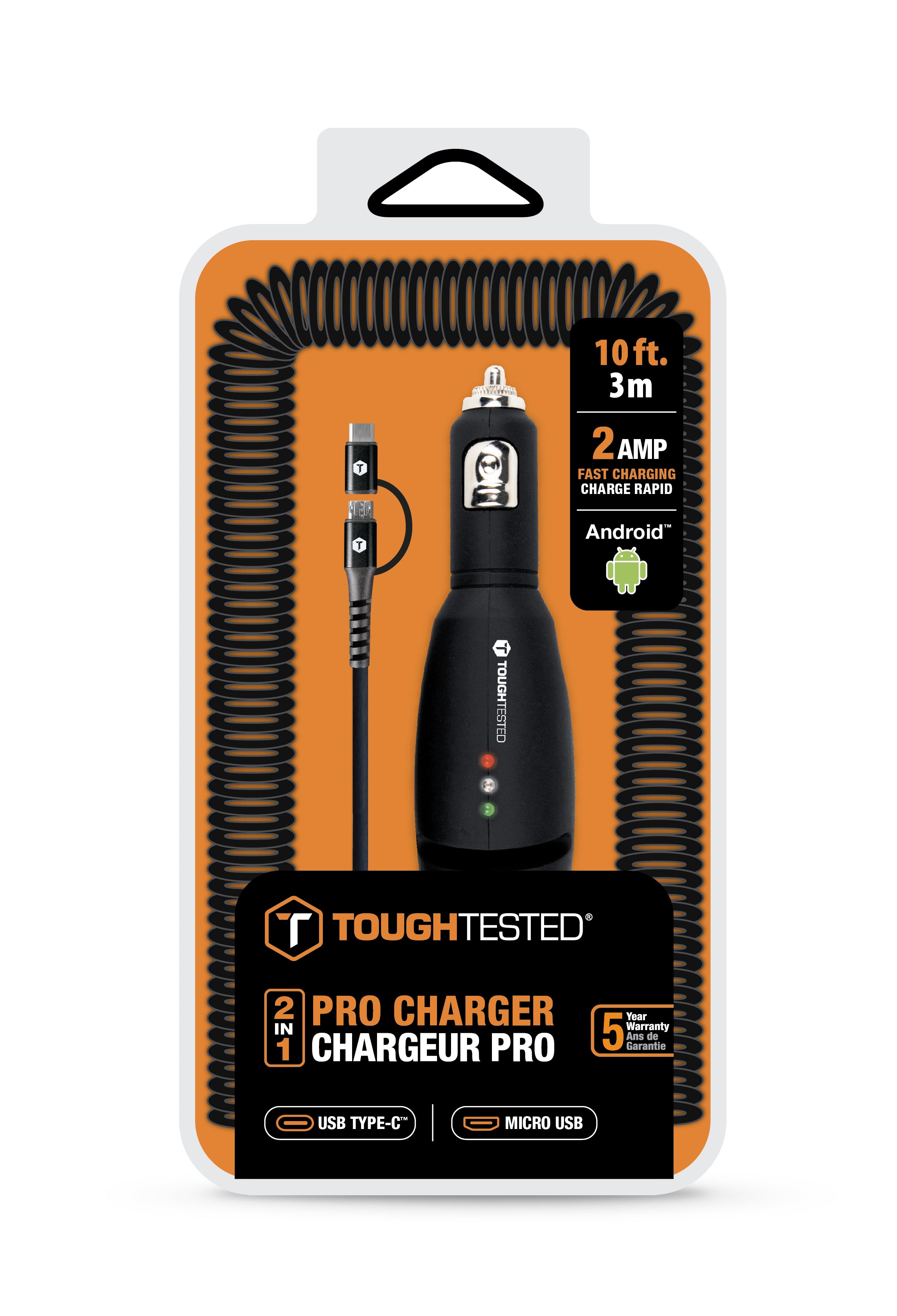 ToughTested Pro+ Rapid Car Charger with Heavy Gauge Cord with Micro-USB & TYPE- C Connector