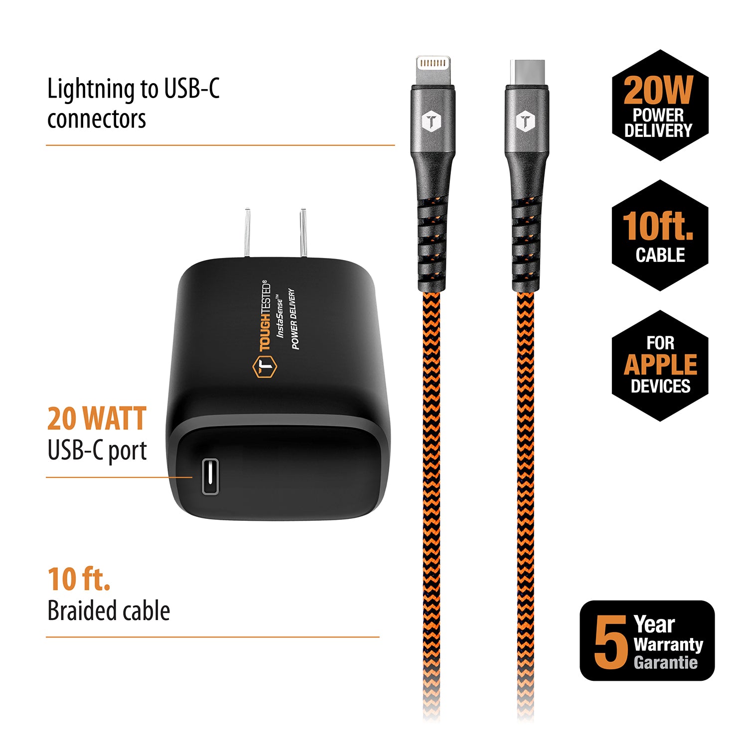 ToughTested PD High Speed Wall Charger Kit with 20W USB-C Port and 10ft USB-C to Lightning Cable