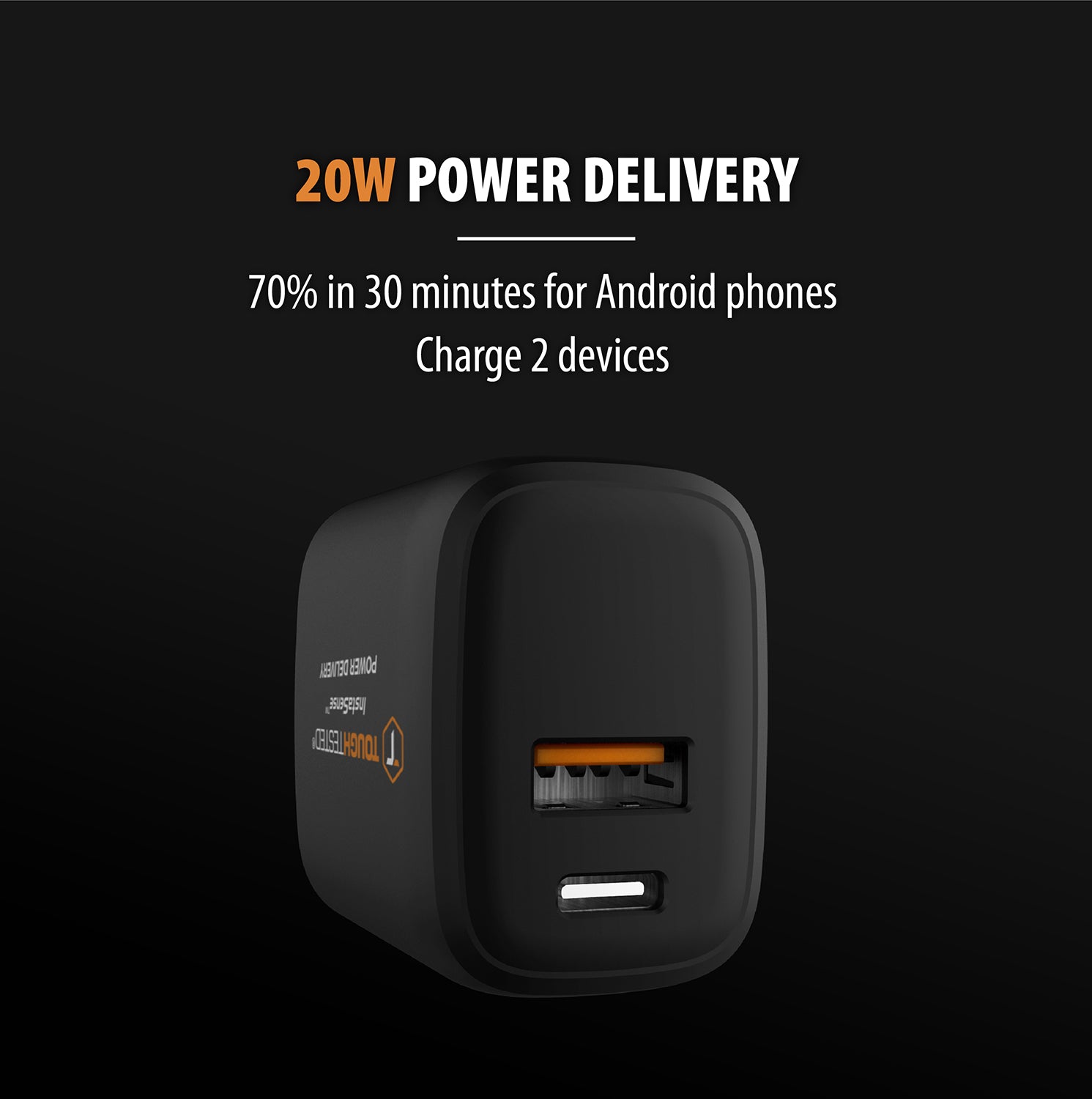 ToughTested PD High Speed Wall Charger Kit with 20W USB-C + USB-A QC 3.0 Ports and 10ft USB-C to USB-C Cable