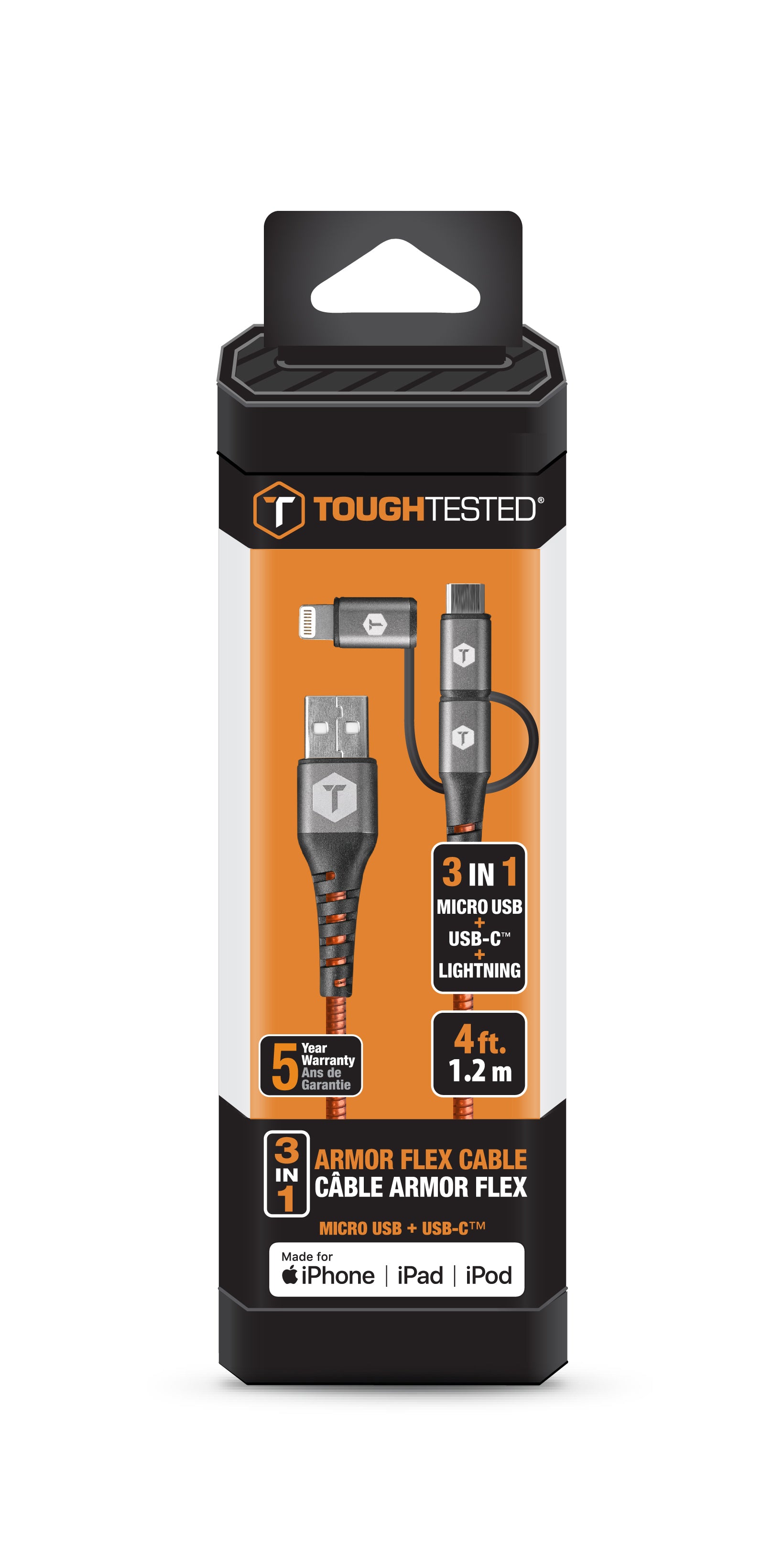 ToughTested 4 Ft. 3 in 1 Cable with USB-C, Micro-USB, & Lightning