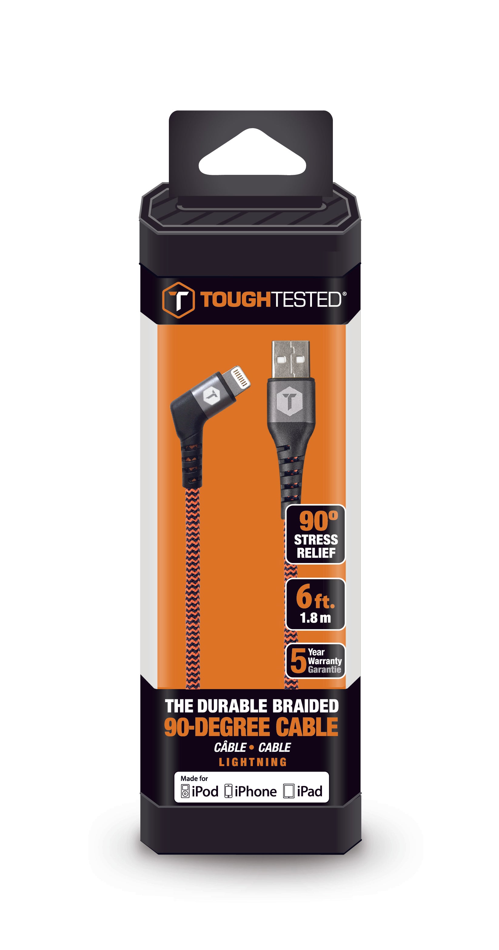 ToughTested Braided 6 Ft. Cable with 90° USB-A to Lightning Cable