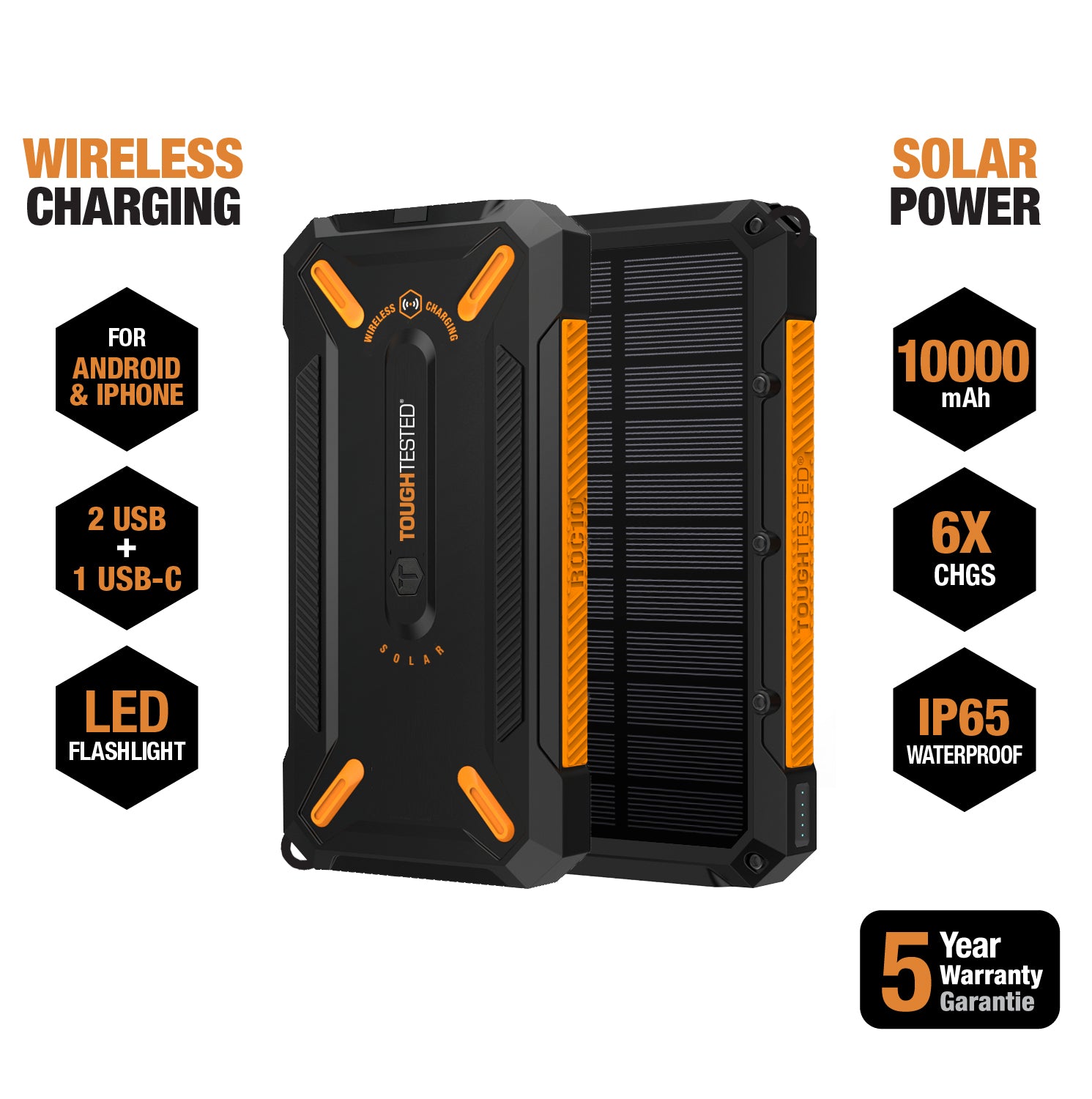 ToughTested SOLAR ROC10 10,000 mAh Powerbank with Wireless Charging & PD Fast Charging