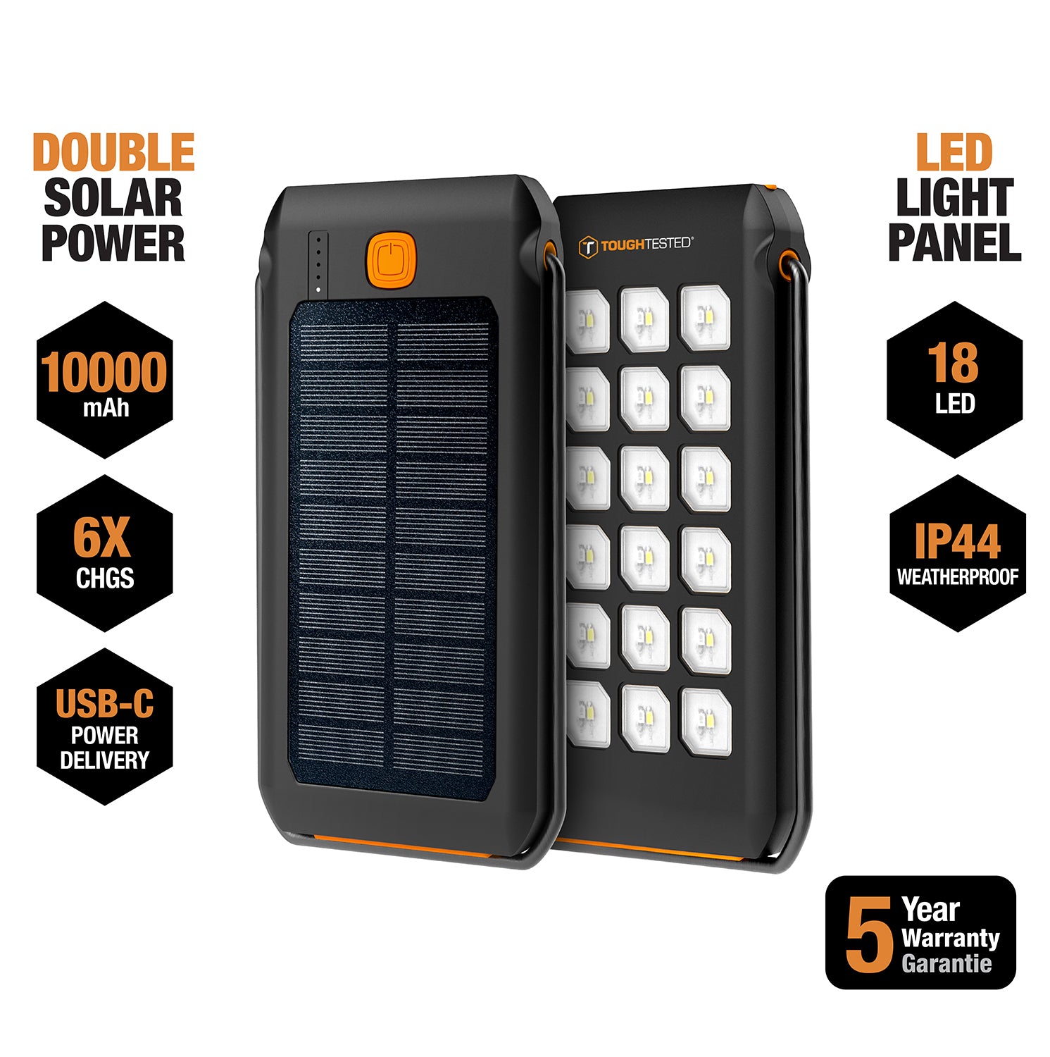 10,000 mAh Solar Charger IP44 Waterproof Rugged Power Bank