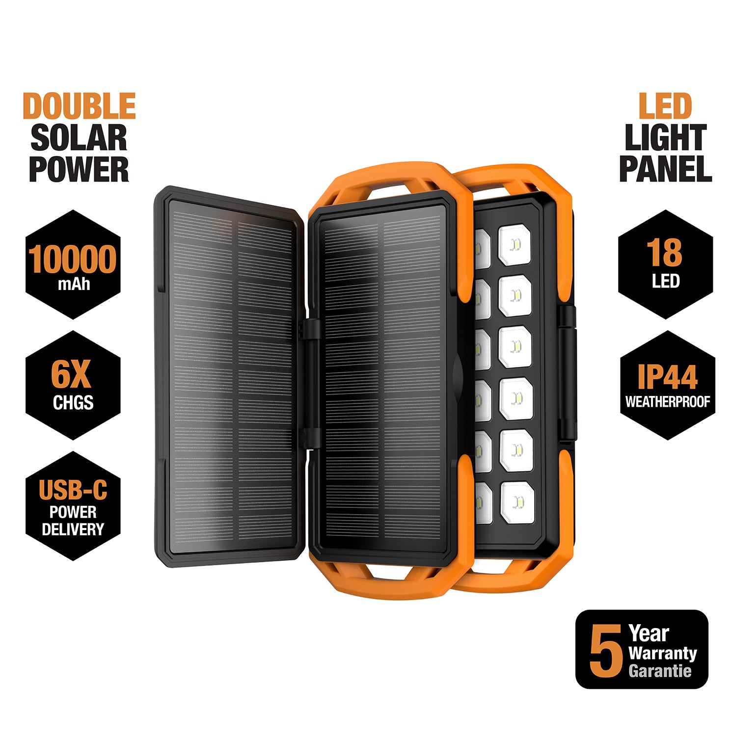 Dual 10,000 mAh Solar Charger IP65 Waterproof Portable Power Bank