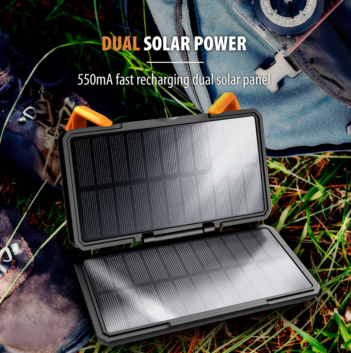 Dual 10,000 mAh Solar Charger IP65 Waterproof Portable Power Bank