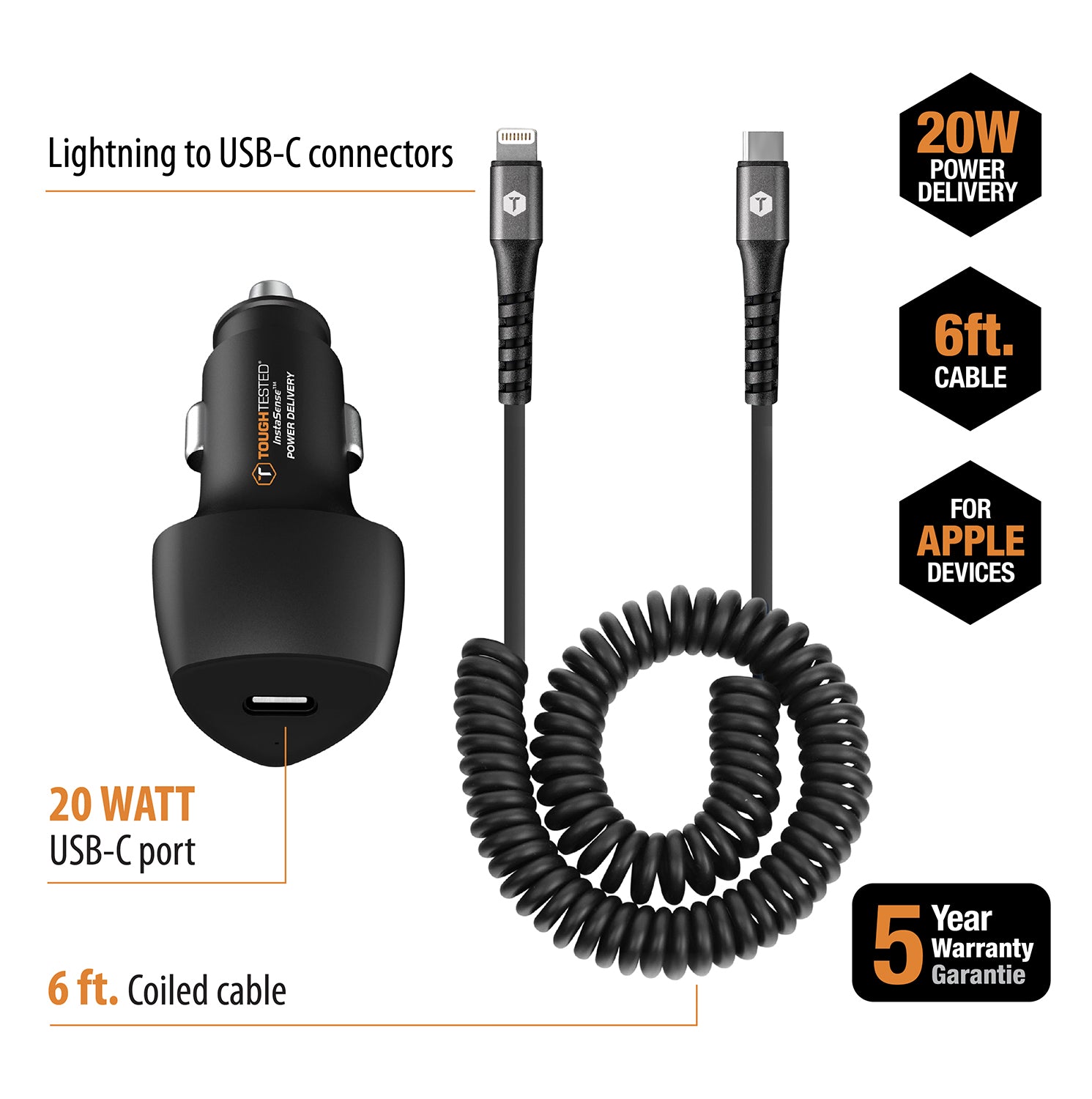 ToughTested PD High Speed Car Charger Kit For Apple with 20W USB-C Port and 6ft Coiled USB-C to Lightning Cable