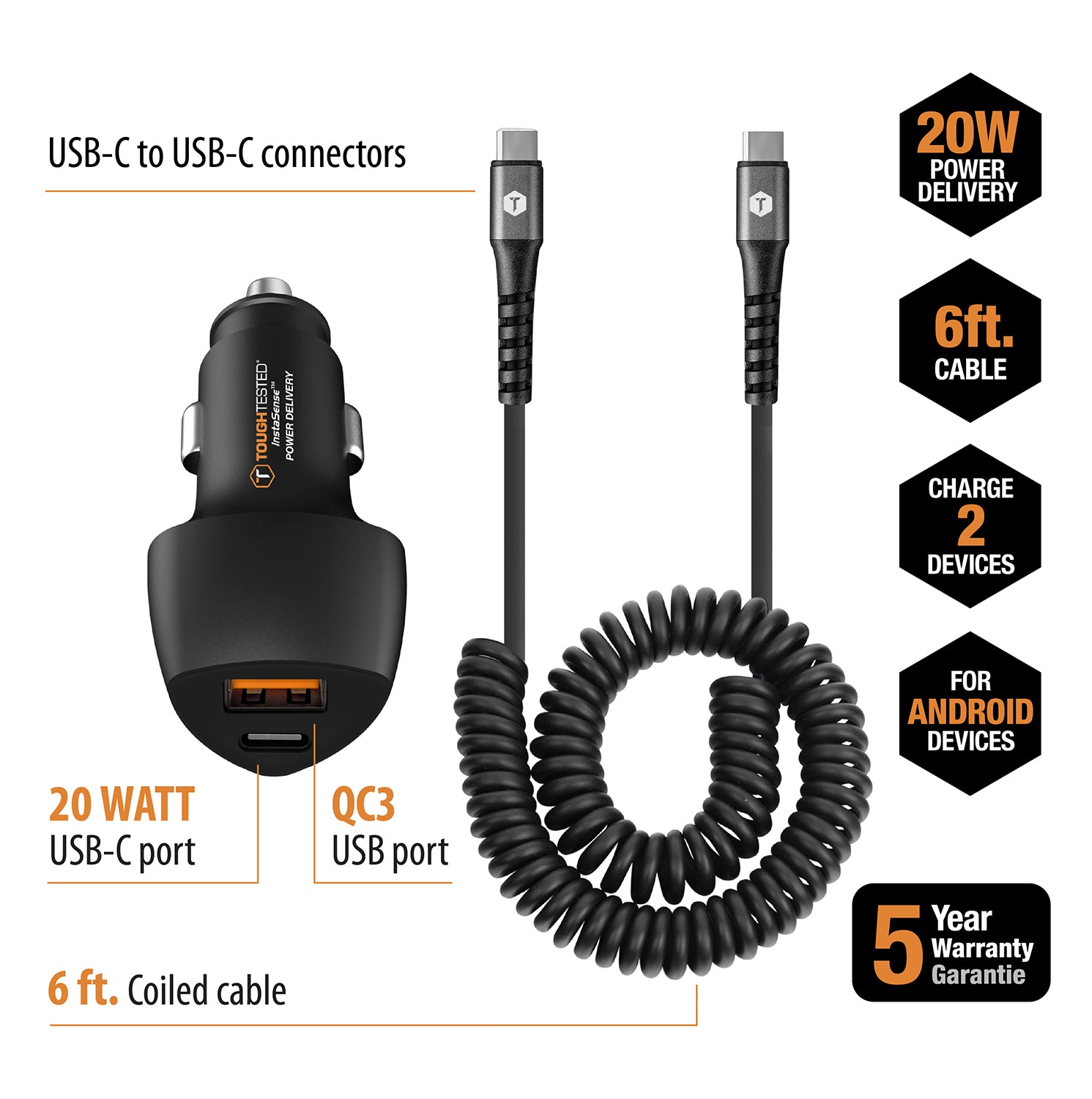 PD High Speed Car Charger Kit with 20W USB-C + USB-A QC 3.0 Ports and 6ft Coiled USB-C to USB-C Cable