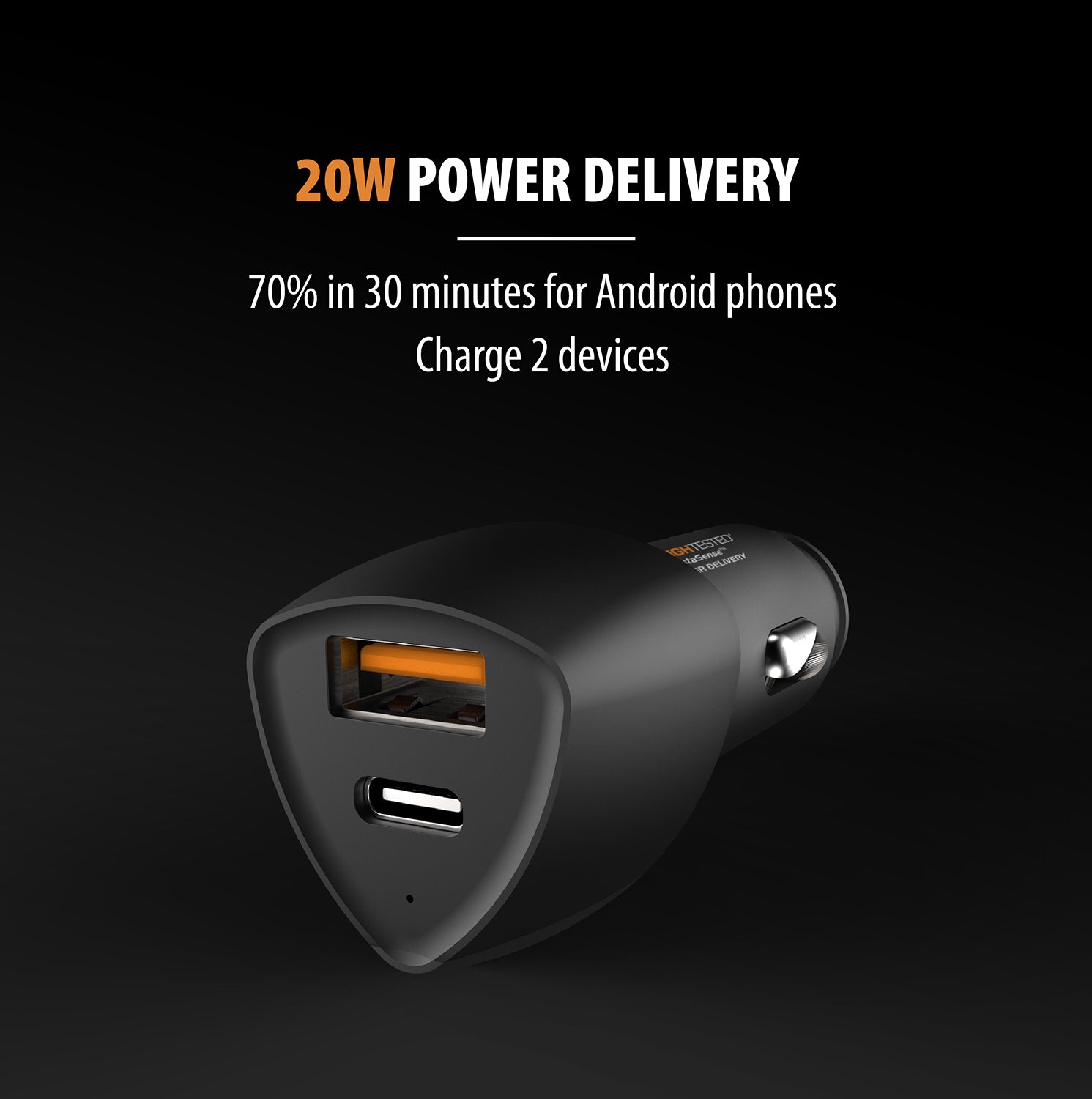 ToughTested PD High Speed Car Charger Kit with 20W USB-C + USB-A QC 3.0 Ports and 6ft Coiled USB-C to USB-C Cable