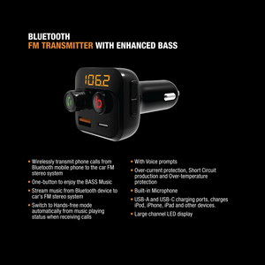 ToughTested Bluetooth FM Transmitter with Bass Boost and Dual USB Charging
