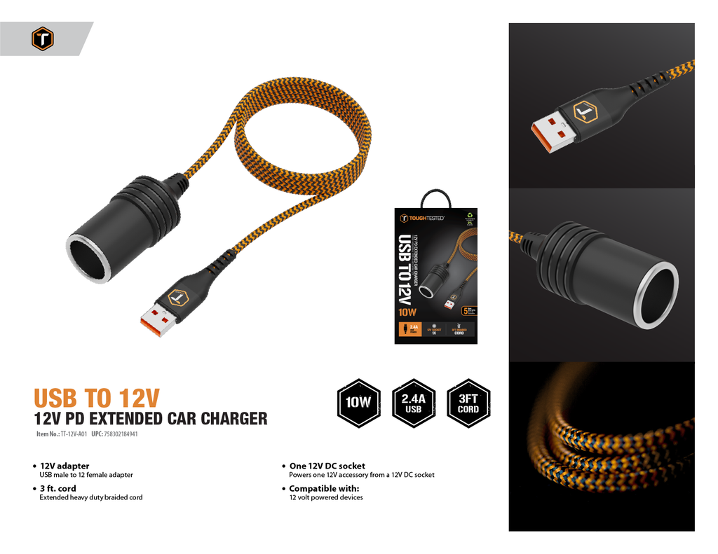 ToughTested USB to 12V Female Socket Adapter with 3 ft Extended Cord, 10W