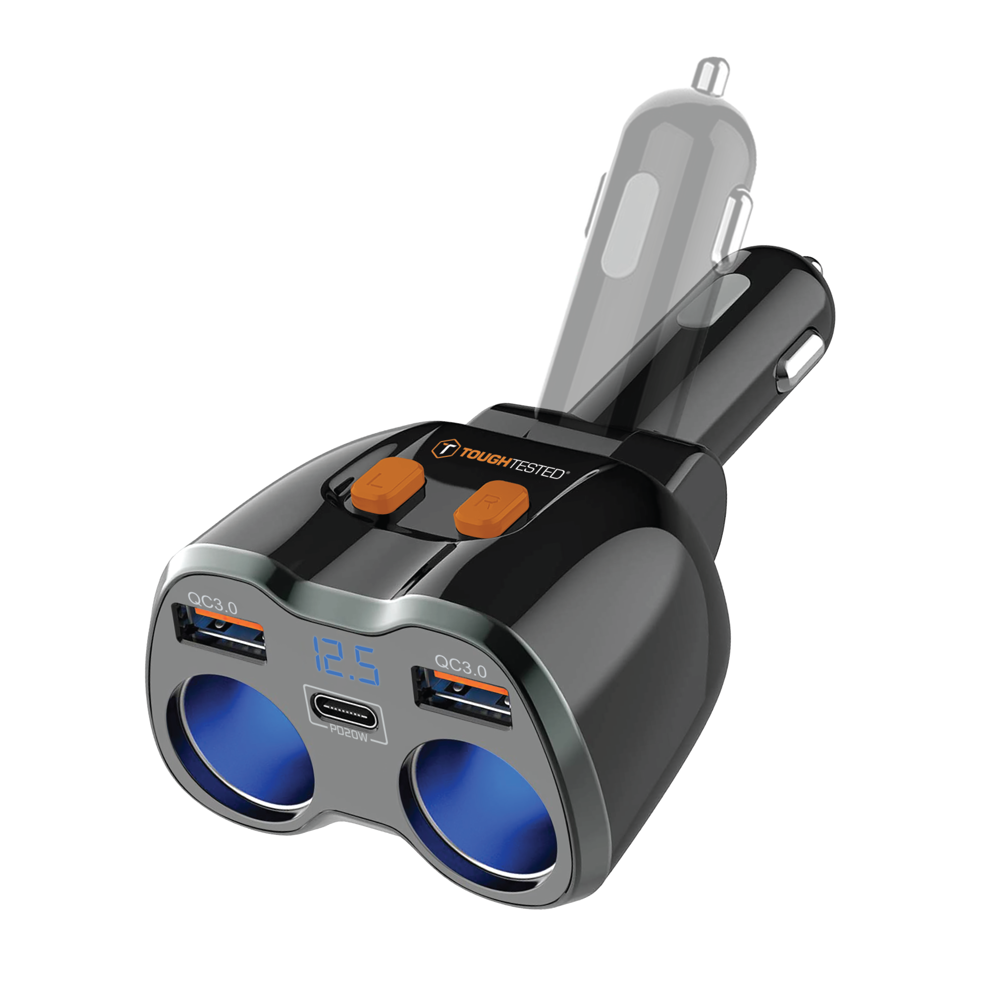 ToughTested Dual 12V Vehicle Power Adapter with USB-C and USB, 150W