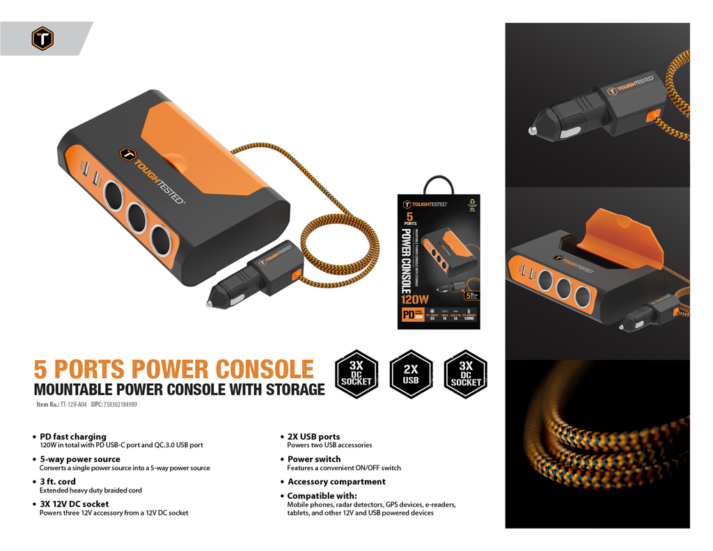 ToughTested Triple 12V Vehicle Power Adapter with USB-C and USB, 120W