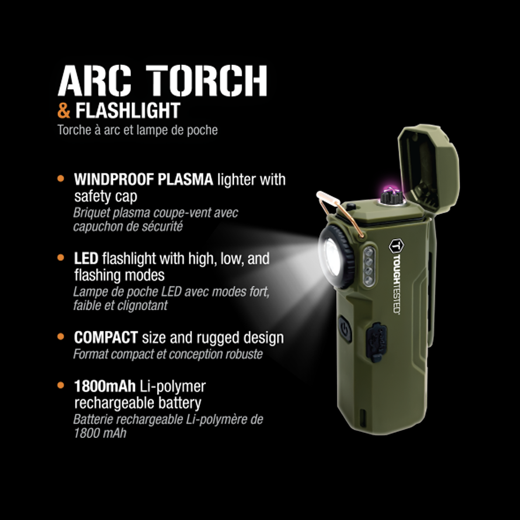 ToughTested Arc Torch & Flashlight, Windproof Flameless Lighter