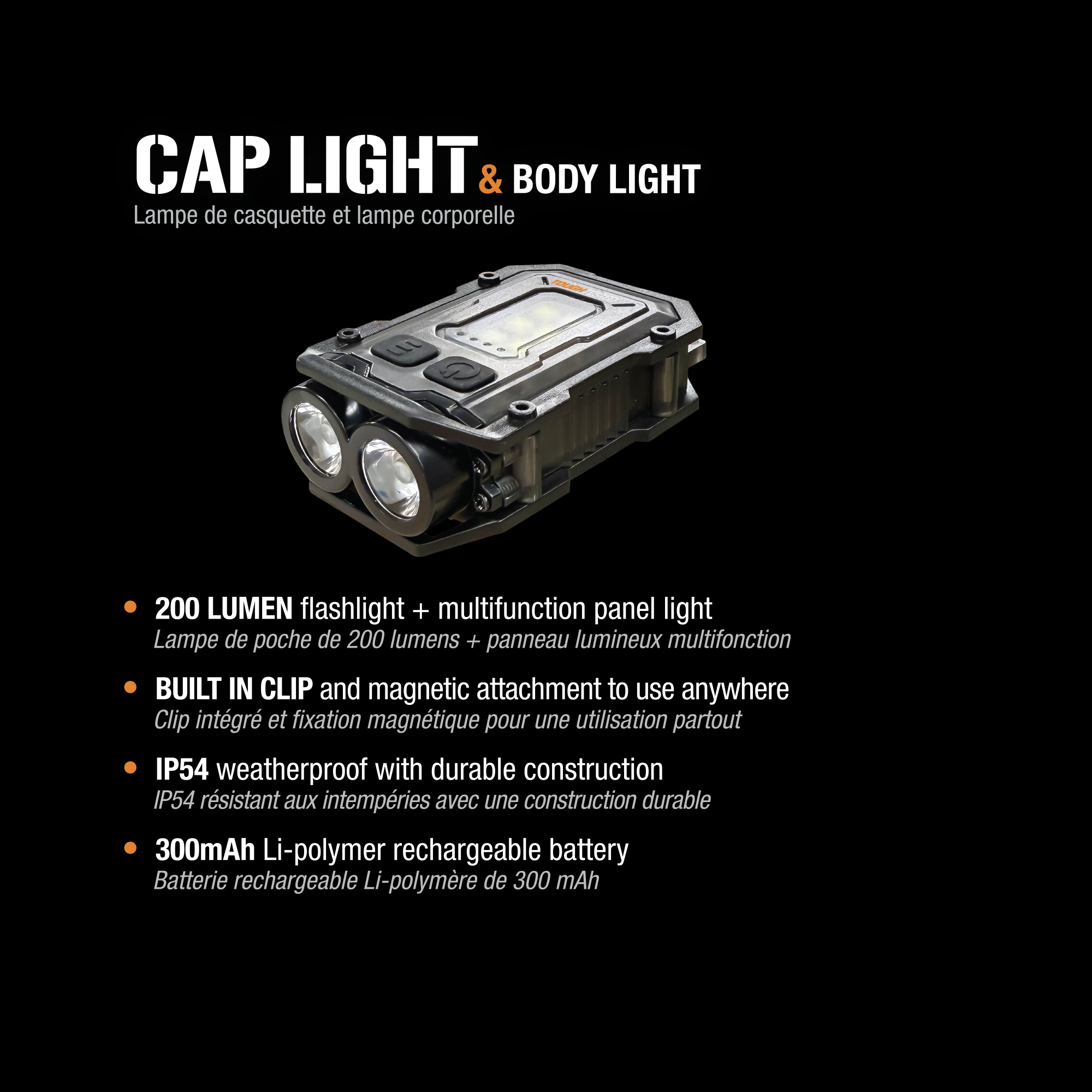 ToughTested Cap Light & Body Light, 300 Lumen Rechargeable Clip Light