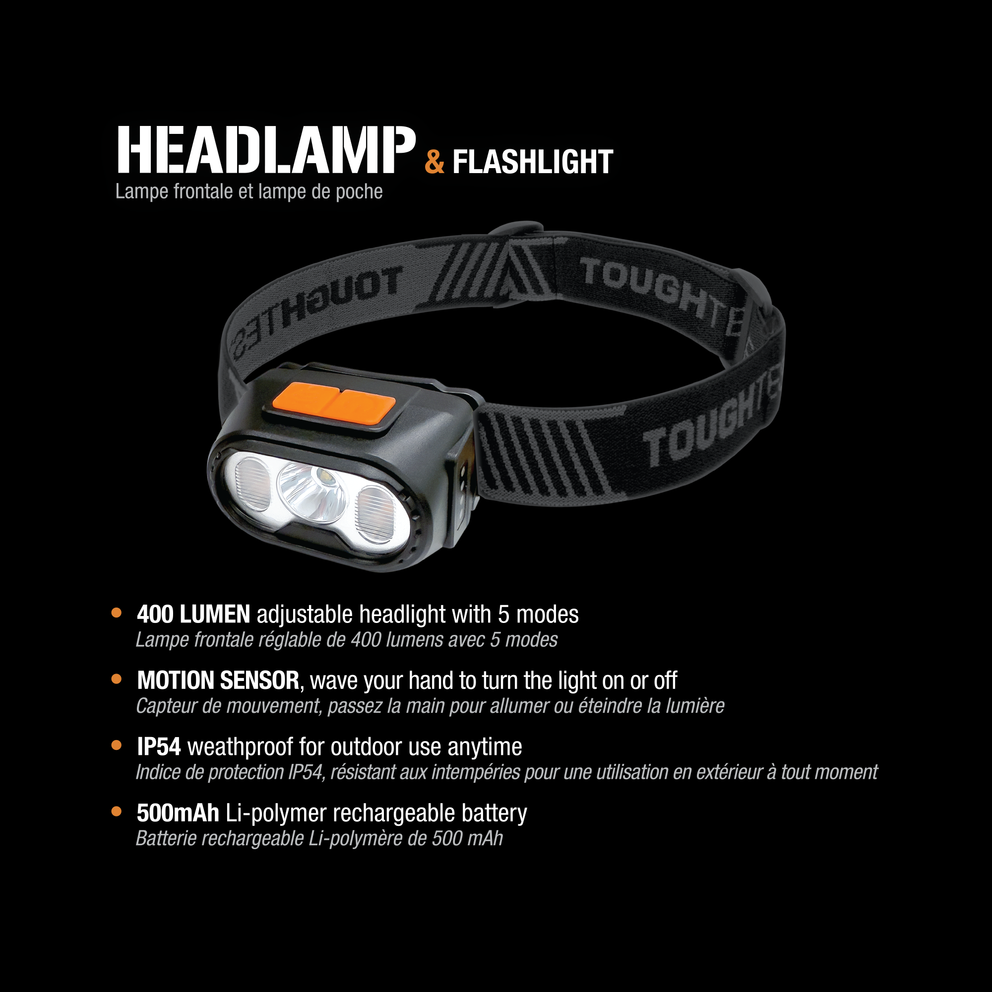 ToughTested Motion Activated Headlamp & Flashlight, 400 Lumen