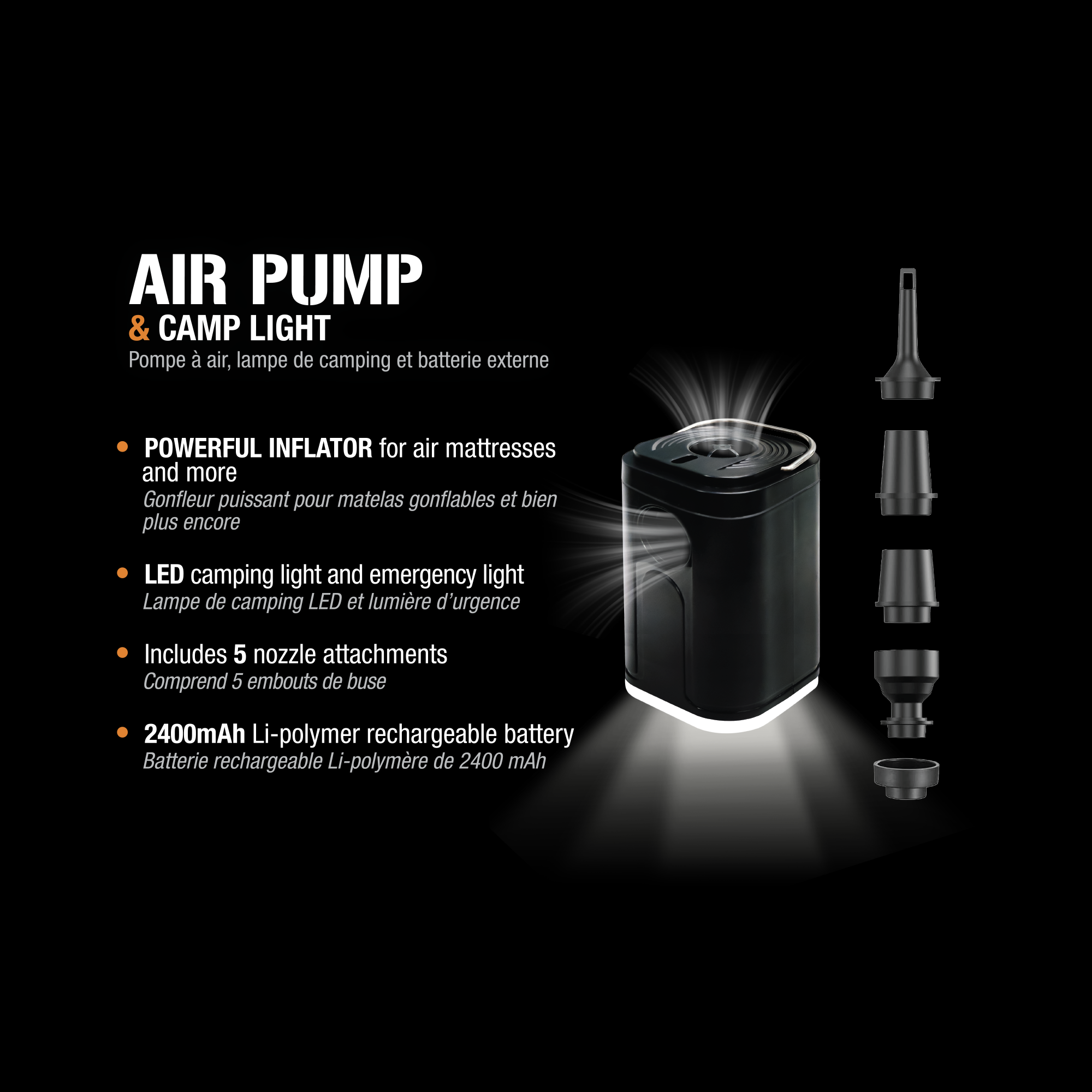 ToughTested Mini Air Pump, Camping Light & Power Bank for Inflatables
