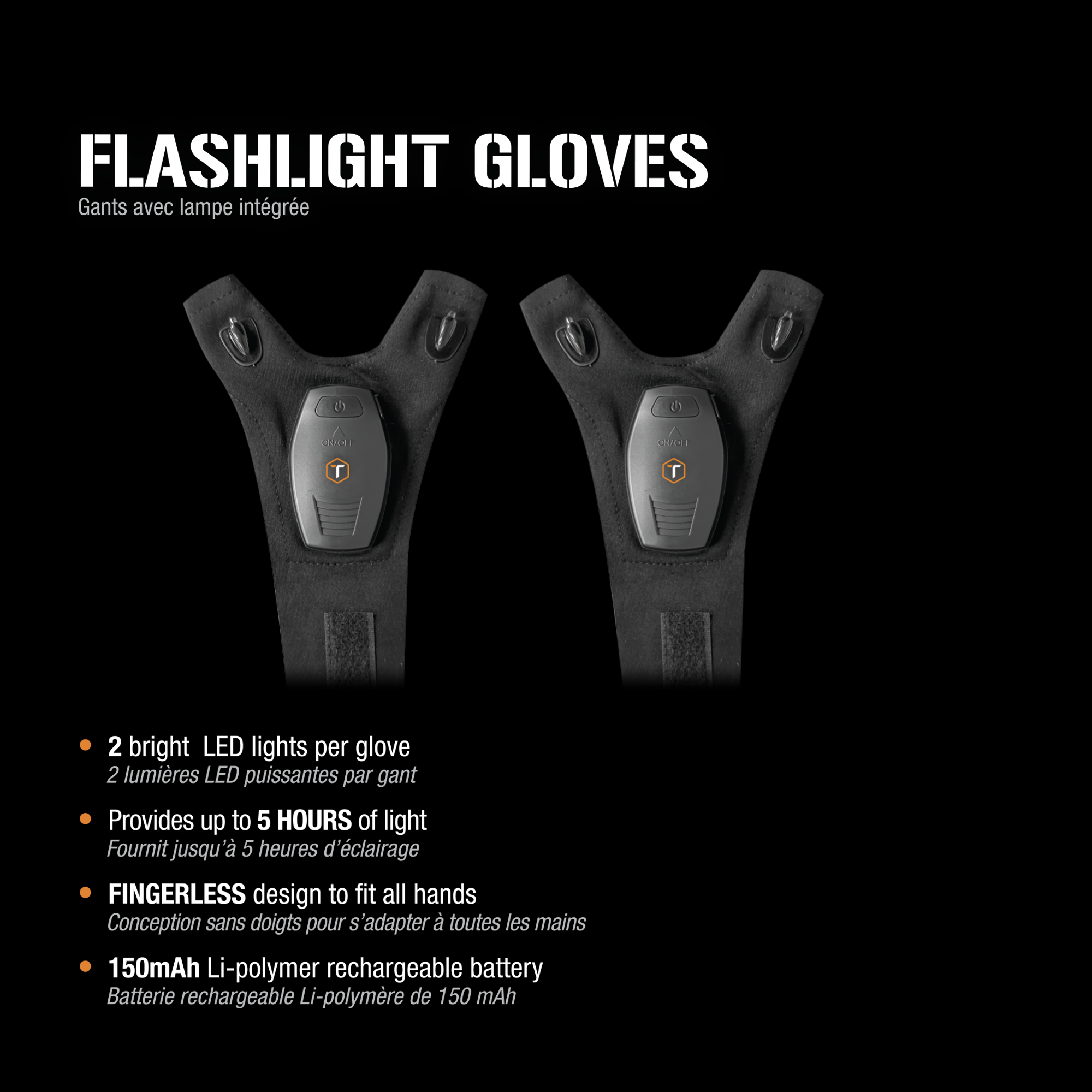 ToughTested Flashlight Gloves, LED Rechargeable