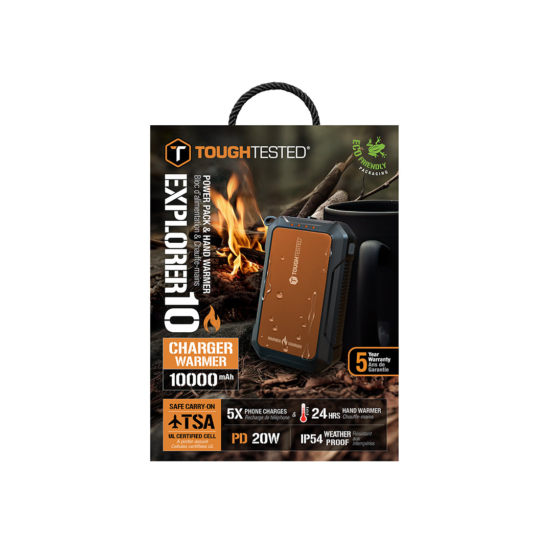 ToughTested Explorer 10 - 10,000mAh Power Bank & Hand Warmer, 5X Phone Charges, 24-Hour Heat, 20W PD Fast Charging, TSA Safe, IP54 Weatherproof, Eco-Friendly Packaging