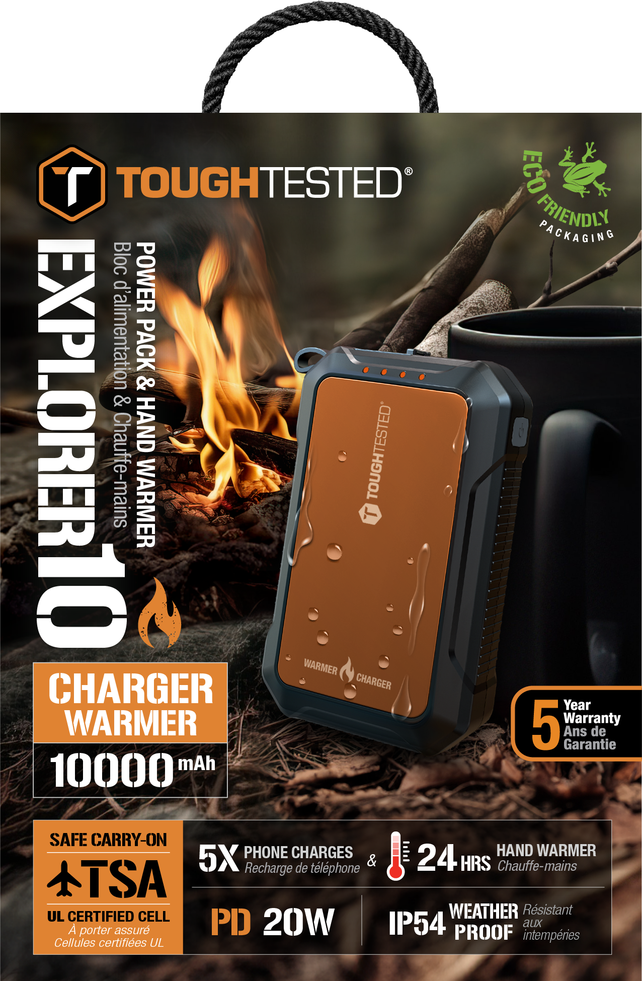 ToughTested Explorer 10 - 10,000mAh Power Bank & Hand Warmer, 5X Phone Charges, 24-Hour Heat, 20W PD Fast Charging, TSA Safe, IP54 Weatherproof, Eco-Friendly Packaging