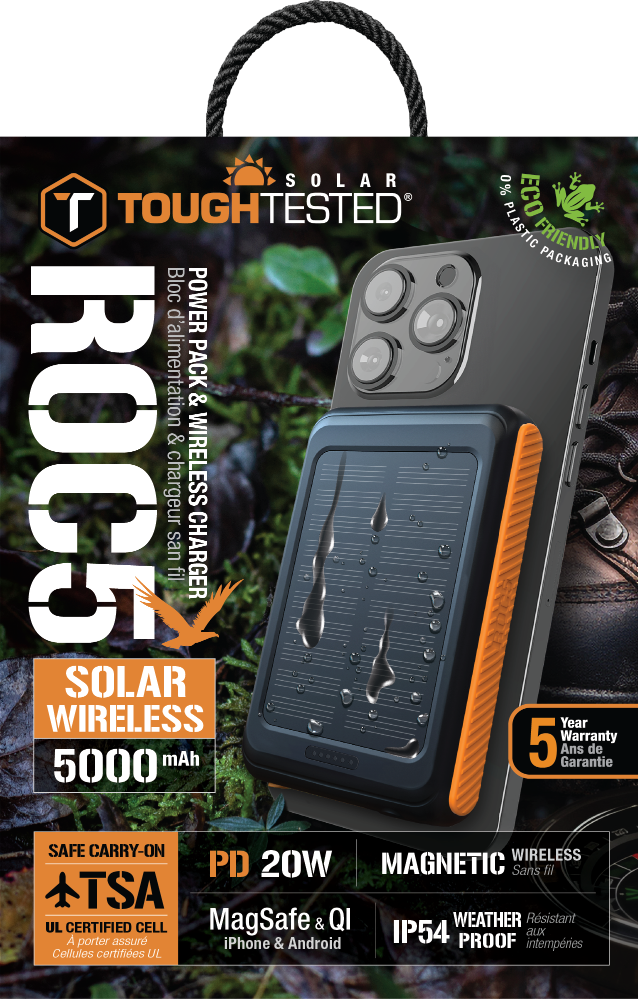 ToughTested ROC5 Solar Power Bank 5000mAh, MagSafe Wireless Charger PD Fast Charging