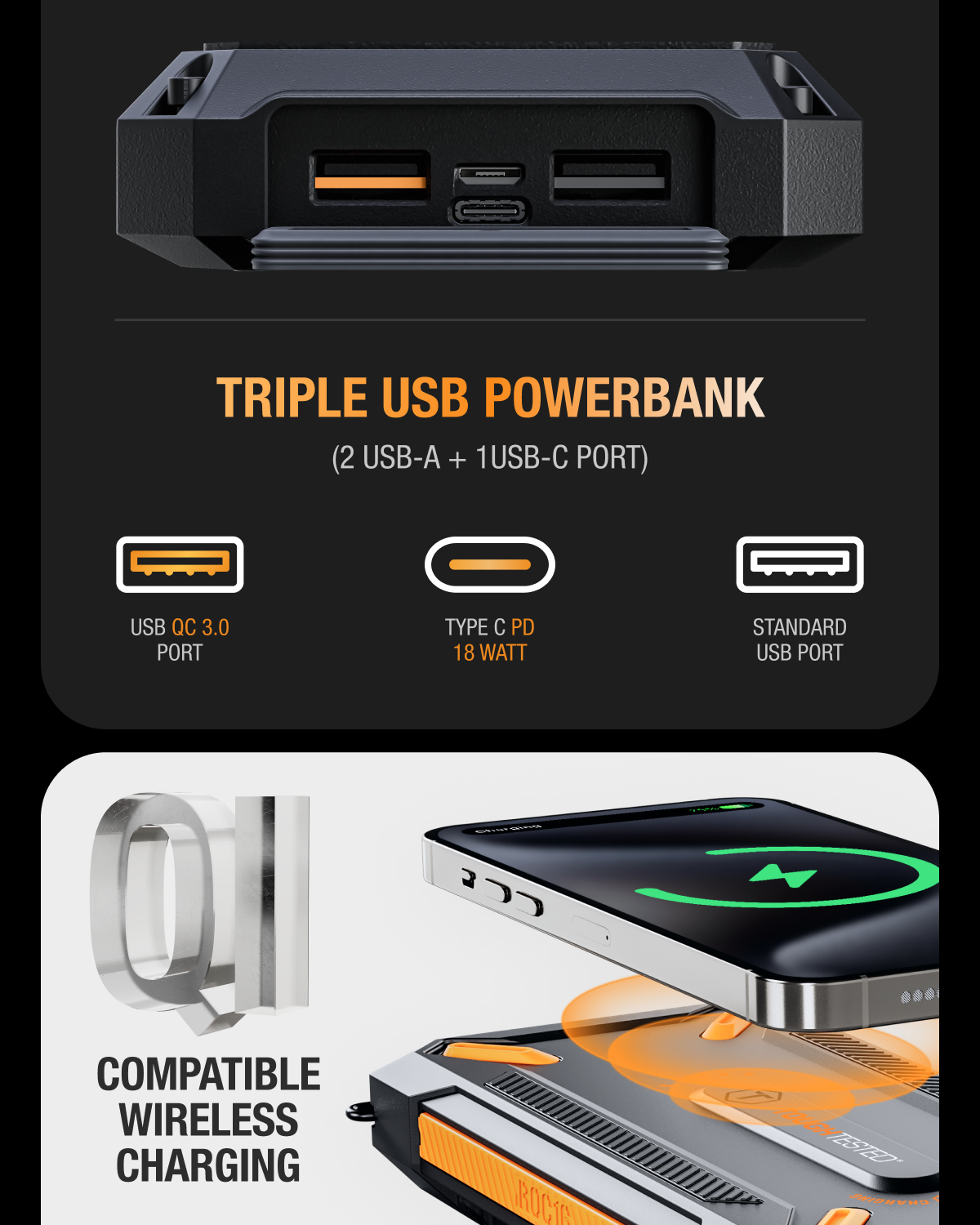 ToughTested SOLAR  ROC16 16,000 mAh Powerbank with Wireless Charging & Power Delivery Fast Charging