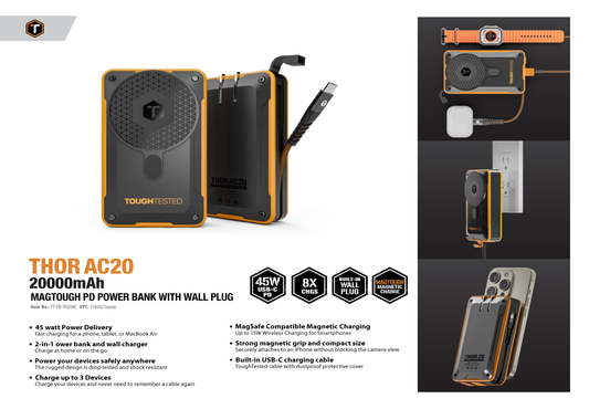ToughTested THOR AC20 20000mAh MAGTOUGH PD POWER BANK WITH WALL PLUG