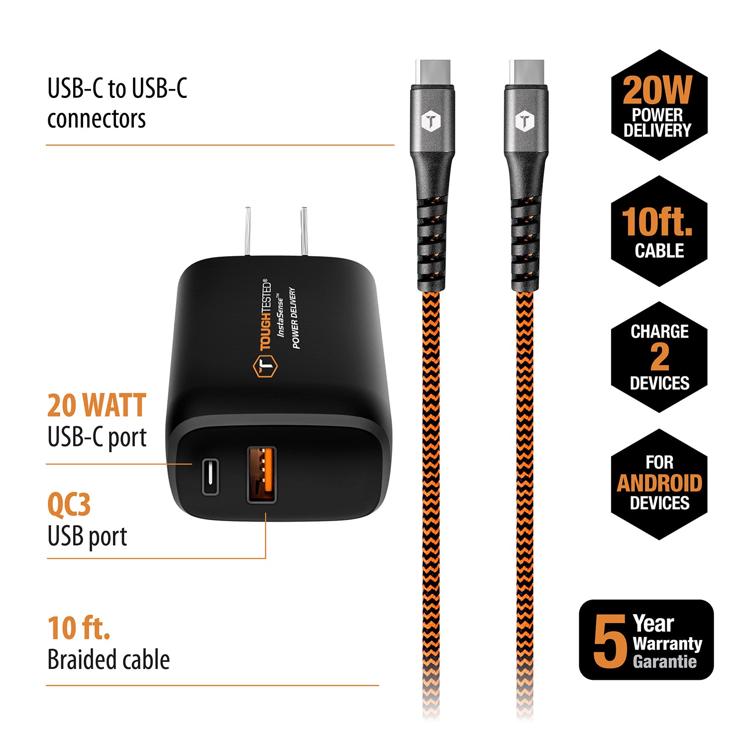 PD High Speed Wall Charger Kit with 20W USB-C + USB-A QC 3.0 Ports and 10ft USB-C to USB-C Cable