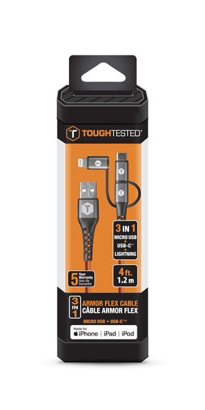 4 Ft. 3 in 1 Cable with USB-C, Micro USB, & Lightning