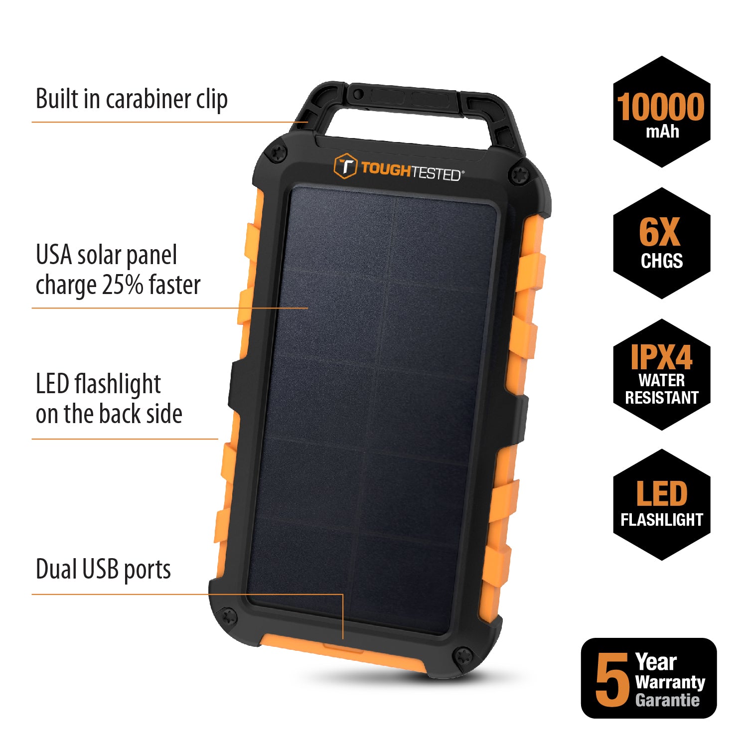 ToughTested 10,000 mAh Solar Portable Charger (IPX4 Waterproof)