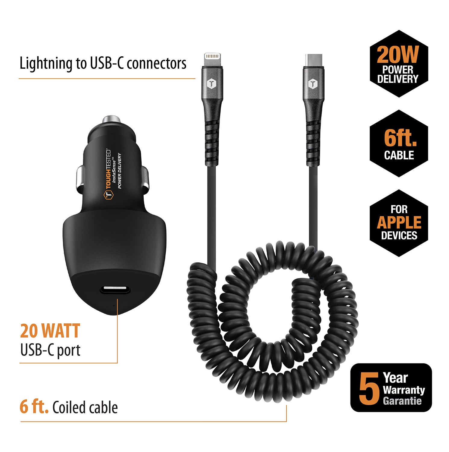 PD High Speed Car Charger Kit For Apple with 20W USB-C Port and 6ft Coiled USB-C to Lightning Cable